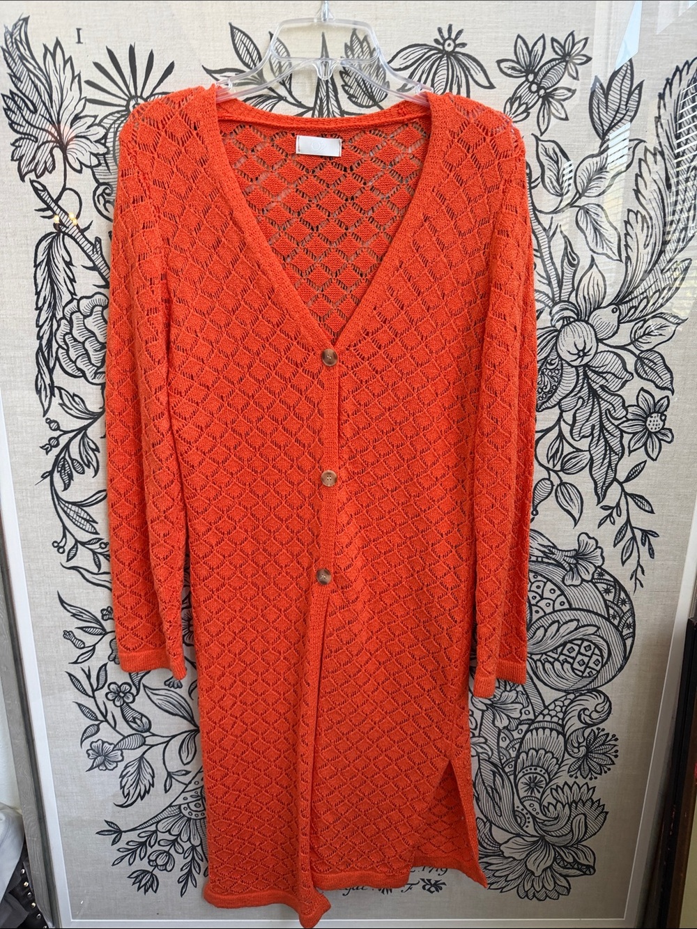 Q2 Orange Open-Knit Long Cardigan with Buttons